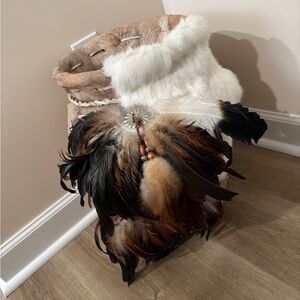 Rustic NativeAmerican Feathered Basket with White Fur and Bead Accents